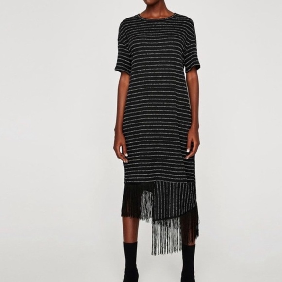 Zara Woman’s Asymmetrical Fringe Midi Dress Black and Silver Stripe size Medium - Picture 1 of 16